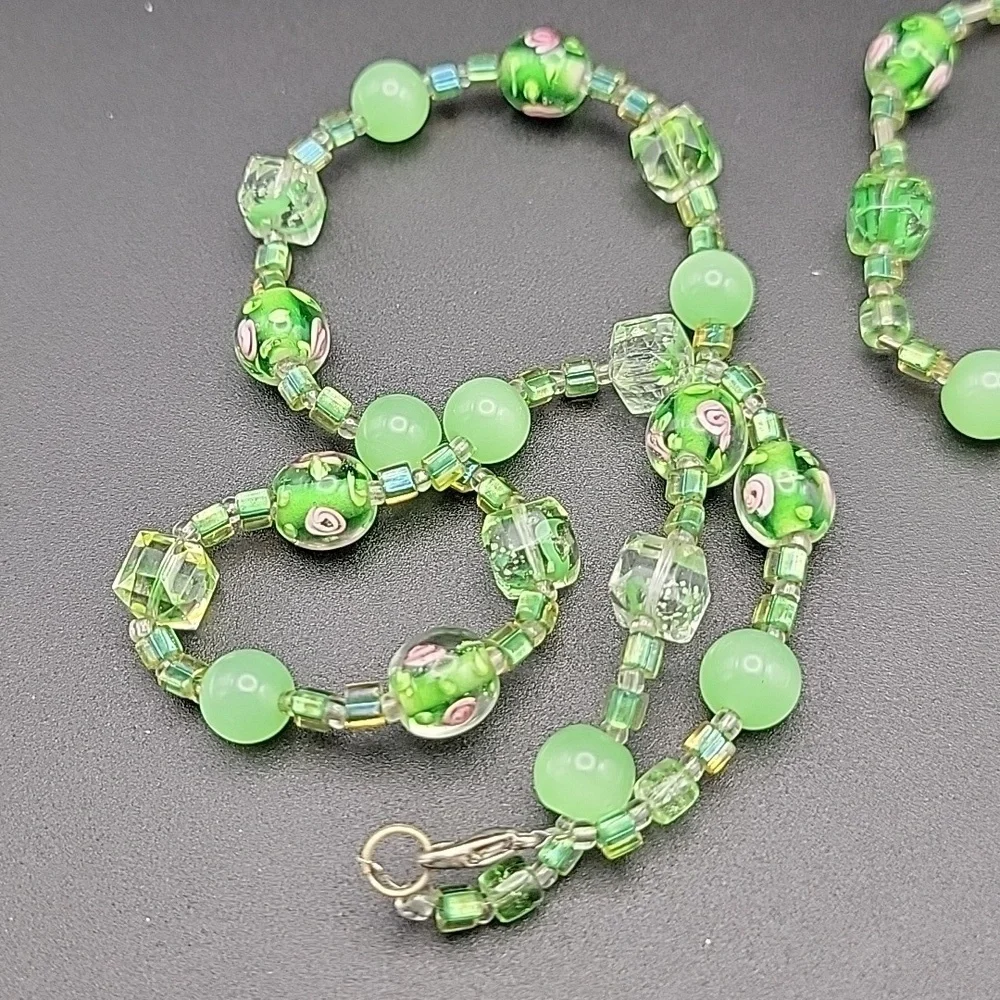 Unique Handmade Vibrant Green Art Glass Faceted Round Necklace and Bracelet Set